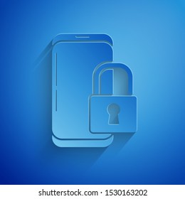 Paper cut Smartphone with closed padlock icon isolated on blue background. Phone with lock. Mobile security, safety, protection concept. Paper art style. Vector Illustration