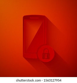 Paper cut Smartphone with closed padlock icon isolated on red background. Phone with lock. Mobile security, safety, protection concept. Paper art style. Vector Illustration