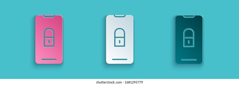 Cortado de papel Smartphone con el icono de candado cerrado aislado en fondo azul. Teléfono con candado. Seguridad móvil, concepto de protección. Estilo de arte de papel. Ilustración vectorial