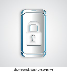 Paper cut Smartphone with closed padlock icon isolated on grey background. Phone with lock. Mobile security, safety, protection concept. Paper art style. Vector