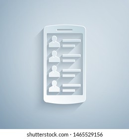 Paper cut Smartphone with contacts on screen icon isolated on grey background. Incoming call. People on phone screen. Call contact. Paper art style. Vector Illustration