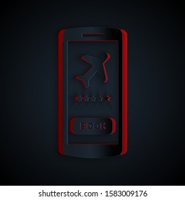 Paper cut Smartphone with electronic boarding pass airline ticket icon isolated on black background. Passenger plane mobile ticket for web and app. Paper art style. Vector Illustration