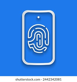 Paper cut Smartphone with fingerprint scanner icon isolated on blue background. Concept of security, personal access via finger on mobile. Paper art style. Vector