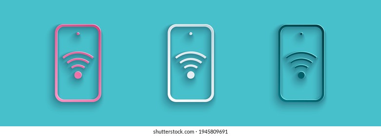 Paper cut Smartphone with free wi-fi wireless connection icon isolated on blue background. Wireless technology, wi-fi connection, wireless network. Paper art style. Vector