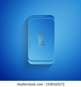 Paper cut Smartphone with lock icon isolated on blue background. Phone with lock. Mobile security, safety, protection concept. Paper art style. Vector Illustration