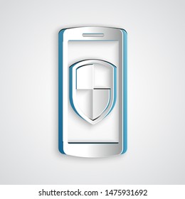 Paper cut Smartphone, mobile phone with security shield icon isolated on grey background. Paper art style. Vector Illustration