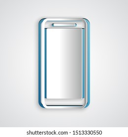 Paper cut Smartphone, mobile phone icon isolated on grey background. Paper art style. Vector Illustration