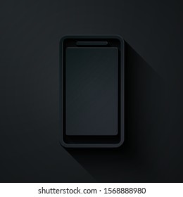 Paper cut Smartphone, mobile phone icon isolated on black background. Paper art style. Vector Illustration