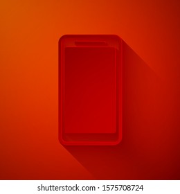 Paper cut Smartphone, mobile phone icon isolated on red background. Paper art style. Vector Illustration