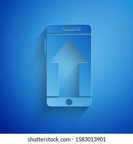 Paper cut Smartphone, mobile phone icon isolated on blue background. Paper art style. Vector Illustration