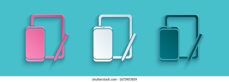 Paper cut Smartphone, mobile phone and graphic tablet icon isolated on blue background. Paper art style. Vector Illustration