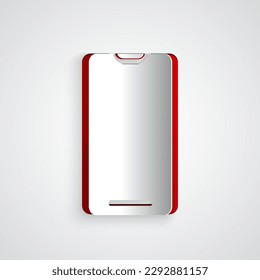 Cortado de papel Smartphone, icono de teléfono móvil aislado en fondo gris. Estilo de arte de papel. Ilustración vectorial