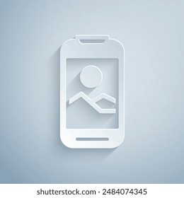 Paper cut Smartphone, mobile phone icon isolated on grey background. Paper art style. Vector