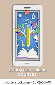 Paper cut smartphone with open book, tree of knowledge, science and school symbols, vector illustration. Online education, remote studying, distance learning, online courses.