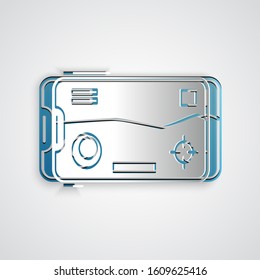 Paper cut Smartphone and playing in game icon isolated on grey background. Mobile gaming concept. Paper art style. Vector Illustration