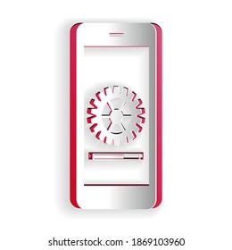 Recorte de papel Proceso de actualización de Smartphone con progreso de la caja de cambios e icono de carga aislado en fondo blanco. Concepto de actualización y actualización del software del sistema. Estilo de arte de papel. Vector.