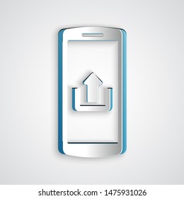 Paper cut Smartphone with upload icon isolated on grey background. Paper art style. Vector Illustration