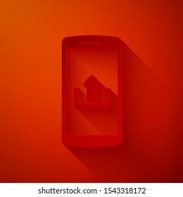 Paper cut Smartphone with upload icon isolated on red background. Paper art style. Vector Illustration