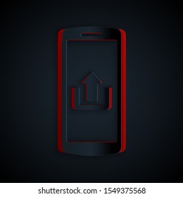 Paper cut Smartphone with upload icon isolated on black background. Paper art style. Vector Illustration