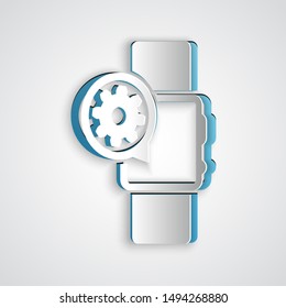 Paper cut Smartwatch and gear icon isolated on grey background. Adjusting app, service concept, setting options, maintenance, repair, fixing. Paper art style. Vector Illustration