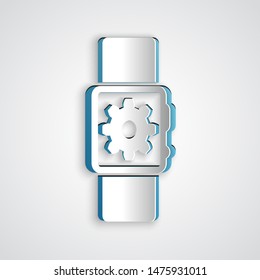 Paper cut Smartwatch setting icon isolated on grey background. Smart watch settings. Paper art style. Vector Illustration