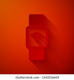 Paper cut Smartwatch with wireless symbol icon isolated on red background. Paper art style. Vector Illustration
