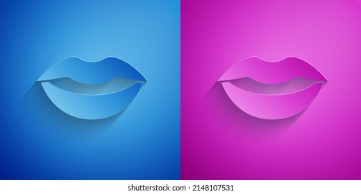 Paper cut Smiling lips icon isolated on blue and purple background. Smile symbol. Paper art style. Vector