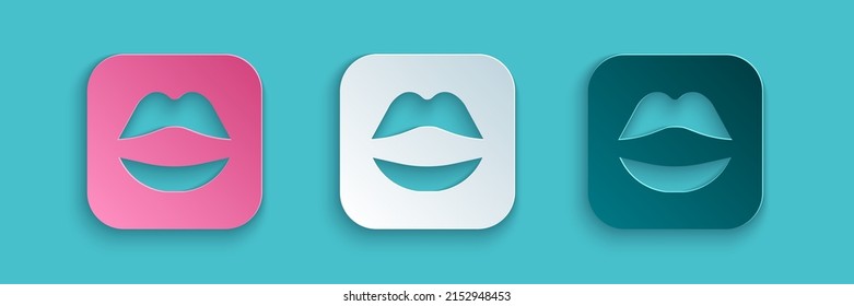 Paper cut Smiling lips icon isolated on blue background. Smile symbol. Paper art style. Vector