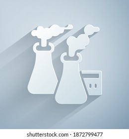 Paper cut Smoke from factory icon isolated on grey background. Environmental pollution problem, smoke pipes of factory, ecology industrial harm. Paper art style. Vector