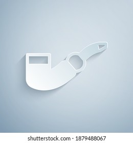 Paper cut Smoking pipe icon isolated on grey background. Tobacco pipe. Paper art style. Vector.