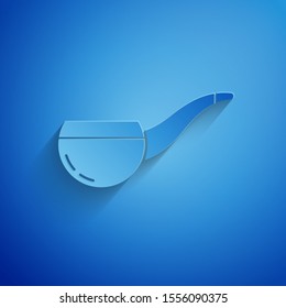Paper cut Smoking pipe with smoke icon isolated on blue background. Tobacco pipe. Paper art style. Vector Illustration