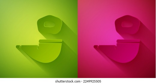 Paper cut Smoking pipe with smoke icon isolated on green and pink background. Tobacco pipe. Paper art style. Vector