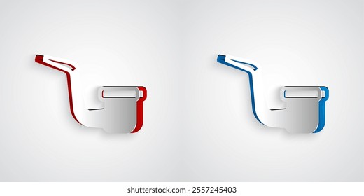 Paper cut Smoking pipe with smoke icon isolated on grey background. Tobacco pipe. Paper art style. Vector