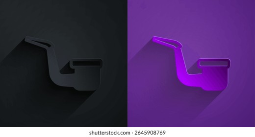 Corte de papel Tubo de fumaça com ícone de fumaça isolado em preto sobre fundo roxo. Tubo de cigarro. Estilo da arte do papel. Vetor