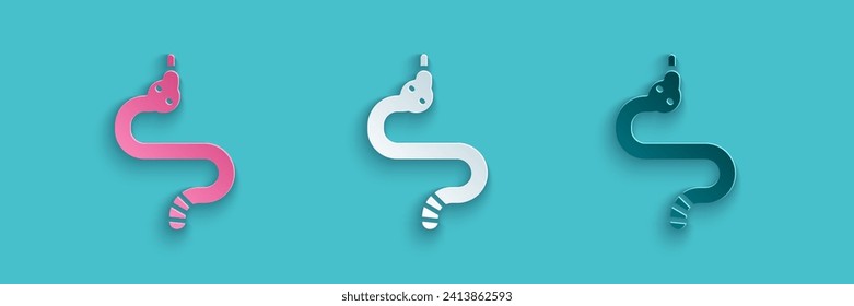Paper cut Snake icon isolated on blue background. Paper art style. Vector