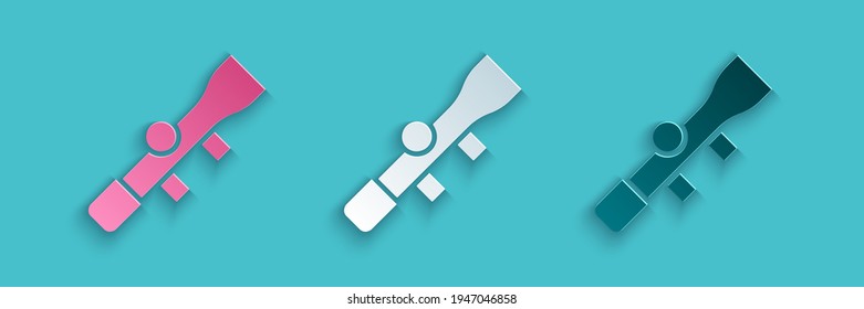 Recorte de papel Icono de visión óptica del francotirador aislado en fondo azul. Cruces de alcance de francotirador. Estilo de arte de papel. Vector