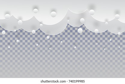 Paper Cut Snow Clouds In The Sky On Transparent Backdrop For Merry Christmas And Happy New Year Holiday Background, Winter Border For Your Design, Paper Cut, Paper Craft Art Style, Vector Illustration