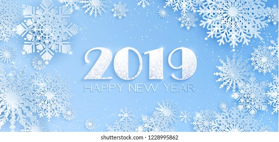 Paper cut snow flake greeting background, Merry Christmas and Happy New Year 2019 banner, winter origami, snowfall papercut poster. Vector Snowflake frame, paper snow modern card,trendy Happy New Year