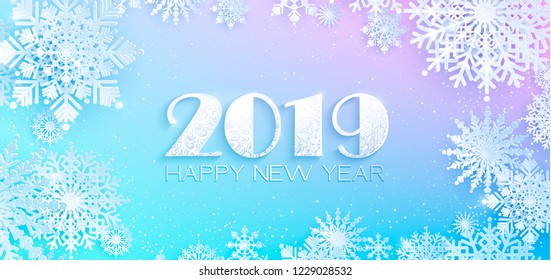 Paper cut snow flake greeting background, Merry Christmas and Happy New Year 2019 banner, winter origami, snowfall papercut poster. Vector Snowflake frame, paper snow modern card,trendy Happy New Year