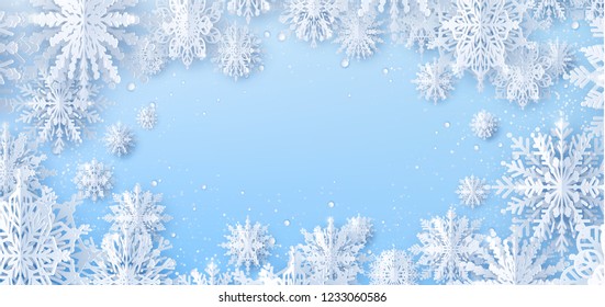 Paper cut snow flake greeting background, Merry Christmas and Happy New Year 2019 banner, winter origami, snowfall papercut poster. Vector Snowflake frame, paper snow modern card,trendy Happy New Year
