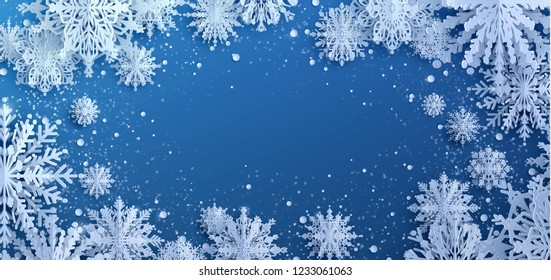 Paper cut snow flake greeting background, Merry Christmas and Happy New Year 2019 banner, winter origami, snowfall papercut poster. Vector Snowflake frame, paper snow modern card,trendy Happy New Year