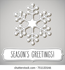Paper cut snowflake and a frame with hand written season's greetings over light grey background.