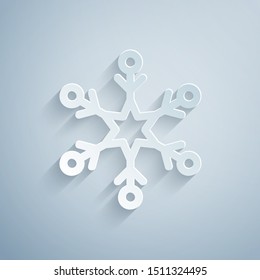 Paper cut Snowflake icon isolated on grey background. Paper art style. Vector Illustration