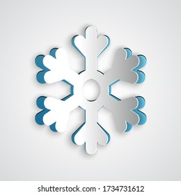 Icono de copo de nieve cortado con papel aislado en fondo gris. Estilo de arte de papel. Ilustración vectorial