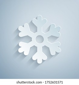 Paper cut Snowflake icon isolated on grey background. Paper art style. Vector Illustration