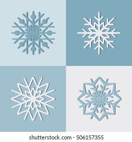 Paper cut snowflake minimalistic seamless pattern. Snowflakes set. Collection of blue colored abstract snowflakes. Background for winter and christmas theme. Vector illustration.