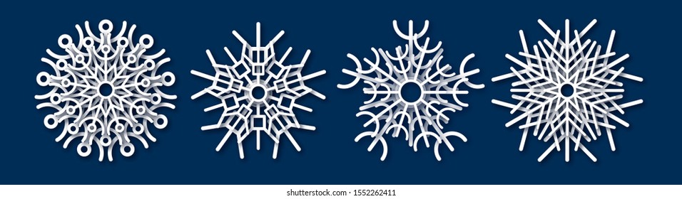 Paper cut snowflake. Set of four white snowflakes on blue background. Christmas and New Year decoration elements. Vector illustration