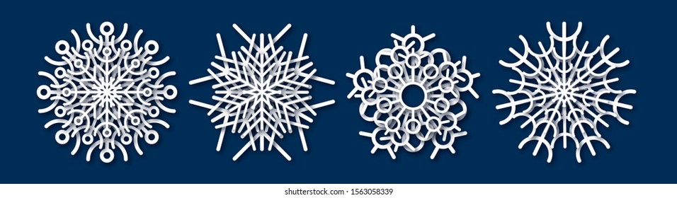 Paper cut snowflake. Set of four white snowflakes on blue background. Christmas and New Year decoration elements. Vector illustration