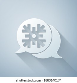 Paper cut Snowflake with speech bubble icon isolated on grey background. Merry Christmas and Happy New Year. Paper art style. Vector