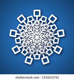Paper cut snowflake. White snowflake on blue background. Christmas and New Year decoration elements. Vector illustration
